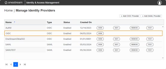 The Manage Identity Providers page has a grid with each identity provider listed in a separate row. Each row includes up to four buttons. Each button is a black oval with black text that is all capitalized for each of the four options: VIEW, EDIT, REMOVE, and TEST. A row for an OIDC identity provider is highlighted with only one button: VIEW. It only has one button because the user is logged in with this identity provider.