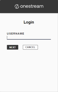 The Login dialog box has a black banner at the top with the OneStream logo and a field for the username. There are two rectangular buttons for next and cancel. The next button has a black background, and the cancel button has a white background.