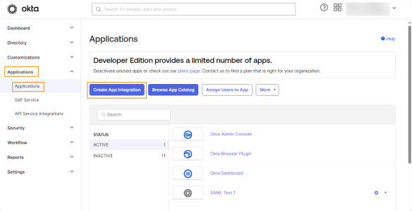 The Okta Applications screen has a navigation pane on the left and a row of buttons to select at the top of the screen. This example highlights the Applications menu and Applications selection in the navigation pane. It also highlights the Create App Integration button, which is blue with white text.