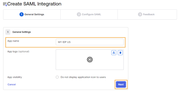 The General Settings tab on the Create SAML Integration page has sections listed to the left with a list of fields and options to the right with a checkbox that can be selected or cleared. This example highlights the App name field and the Next button.