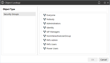 The Object Lookup dialog box displays the list of security groups.