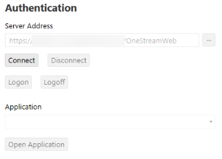 The Logon screen has a gray Authentication heading at the top with a server address below in a rectangular field. There are five buttons on the page, which are each a gray oval with black text. There is also an Application drop-down menu that is a rectangle with a black down arrow.