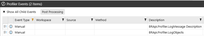 The Profiler Events window displays two Manual Event Types and their descriptions