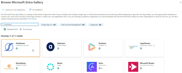 The Microsoft Entra Gallery displays a search field with onestream entered. The results from the search show multiple tiles on the page. The first tile is highlighted as the option for OneStream. It includes the logo and name OneStream.