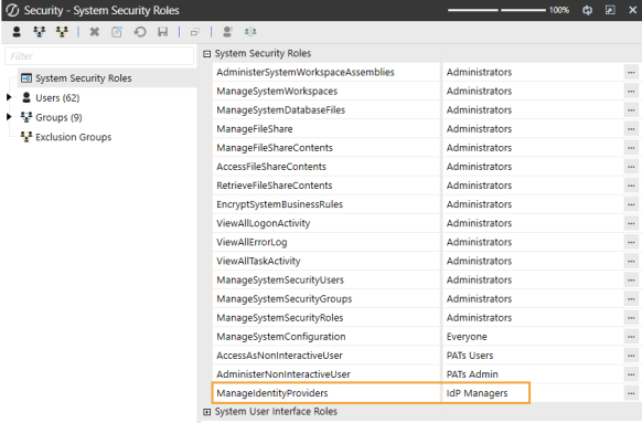The System Security Roles page has a grid with row headings that have a gray background with black text and can be expanded to display fields with a white background and black text. This example highlights the ManageIdentityProviders role and the group assigned to it, which is IdP Managers.