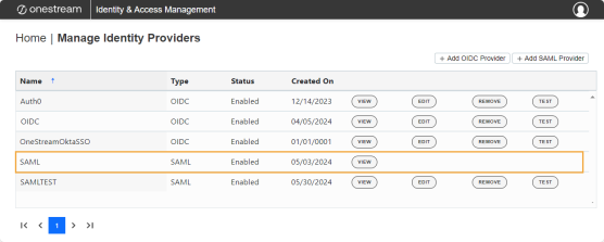 The Manage Identity Providers page has a grid with each identity provider listed in a separate row. Each row includes up to four buttons. Each button is a black oval with black text that is all capitalized for each of the four options: VIEW, EDIT, REMOVE, and TEST. A row for a SAML identity provider is highlighted with only one button: VIEW. It only has one button because the user is logged in with this identity provider.
