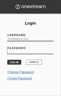 The Login dialog box has a black banner at the top with the OneStream logo and fields for the username and password. There are two rectangular buttons for log in and cancel. The log in button has a black background, and the cancel button has a white background. There are links that can be selected to change a password or reset a forgotten password.