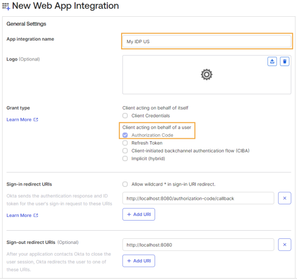 The New Web App Integration dialog box has sections listed to the left with a list of fields and options to the right with radio buttons that can be selected or cleared. This example highlights the App integration name field, the Grant type client acting on behalf of a user with Authorization Code selected, the Assignments with Skip group assignment for now selected, and the Save button.