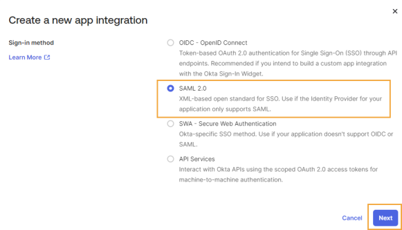 The Create a new app integration dialog box has the section, Sign-in method, listed to the left with a list of options to the right with radio buttons that can be selected or cleared. This example highlights the SAML 2.0 option for Sign-in method.