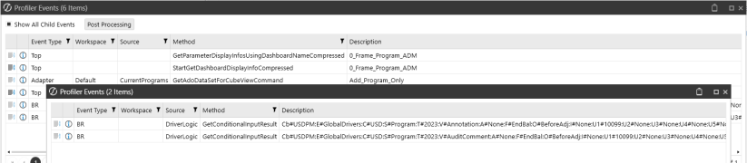 The child events for the Top Level Event Type display in a second window