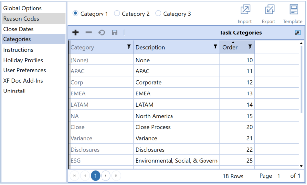 Categories page in the Task Manager Settings