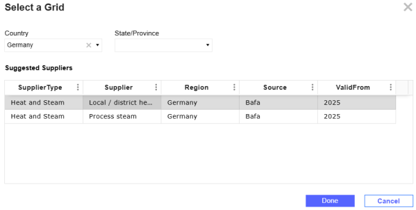 The Select a Grid slide-out panel displays. The Country filter is set to Germany and one suggested supplier is selected in the grid.