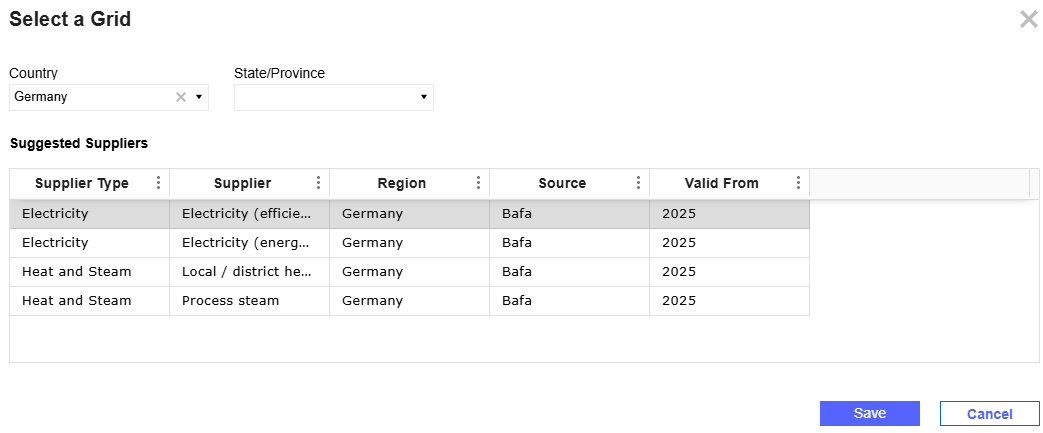 The Select a Grid slide-out panel displays with scope 2 factors in the grid