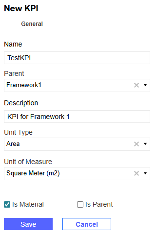 The New KPI pane has Test entered in the Name and Description fields. The Unit Type selection is Area and the Unit of Measure selection is square kilomoeters.