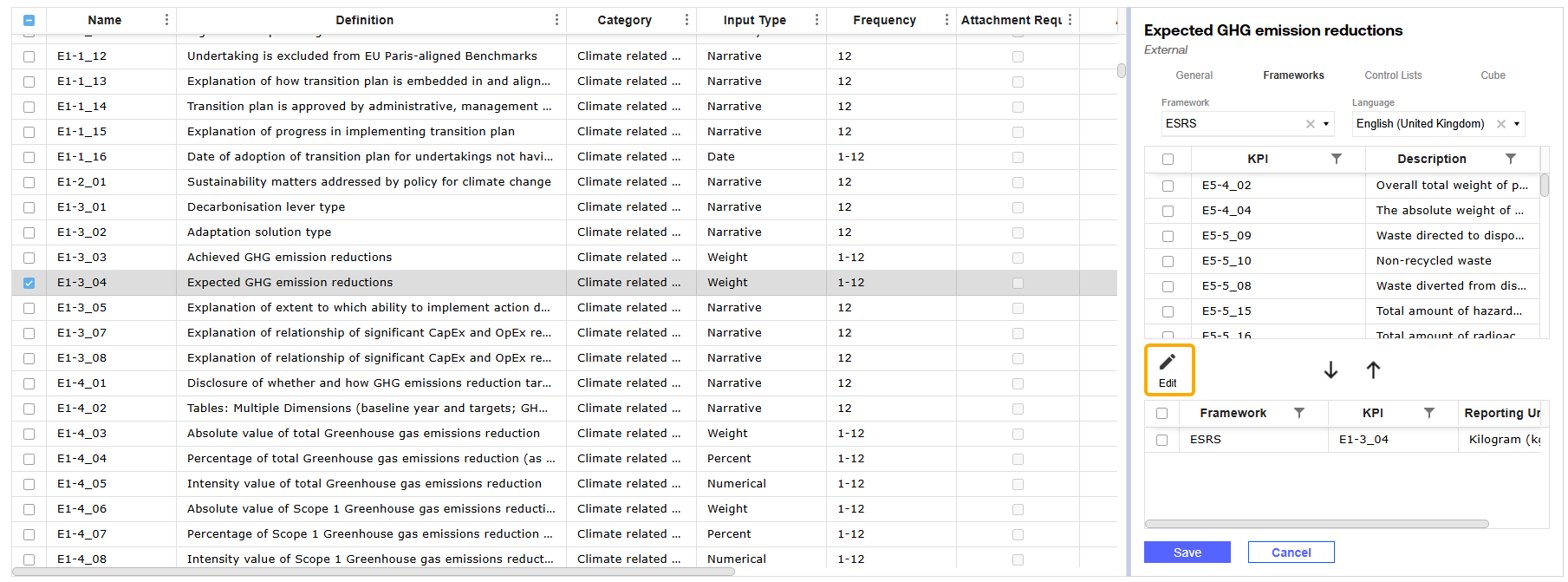 A definition with a weight input type is selected and the edit icon in the Frameworks tab is outlined