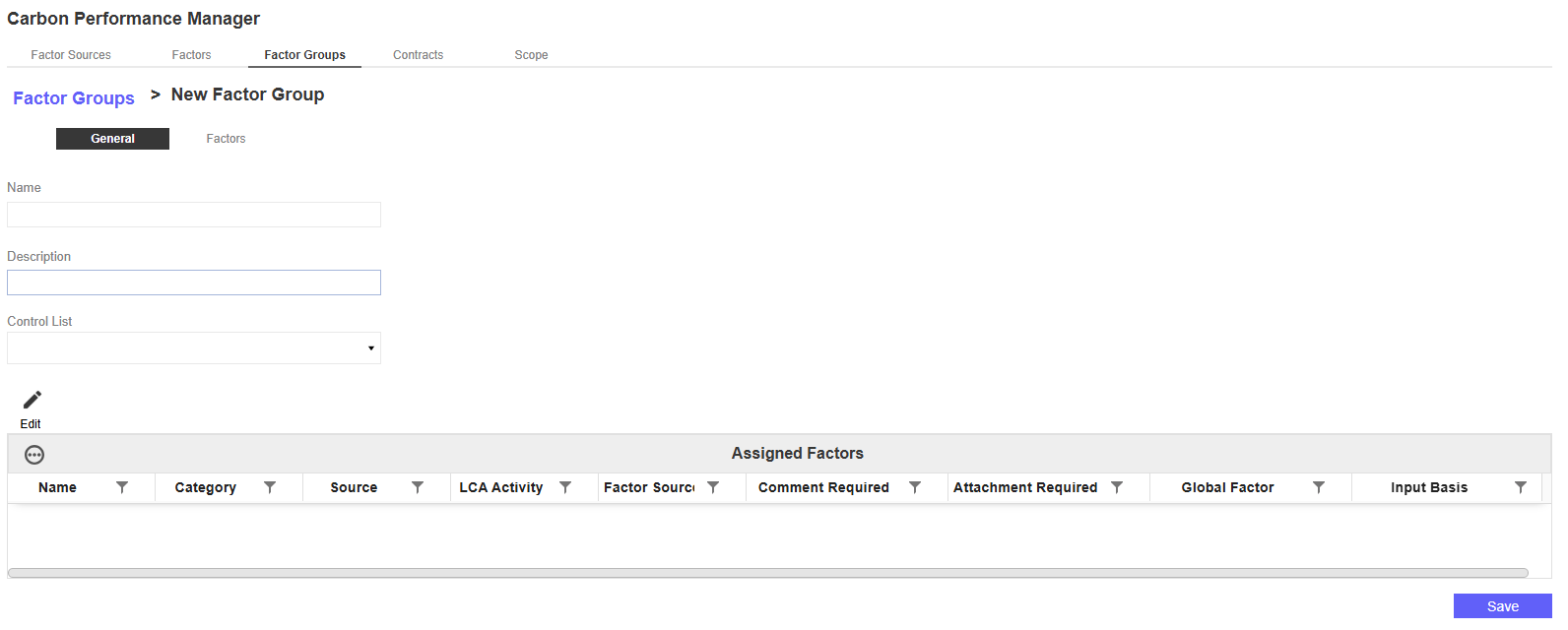 The New Factor Group page displays with the General tab open