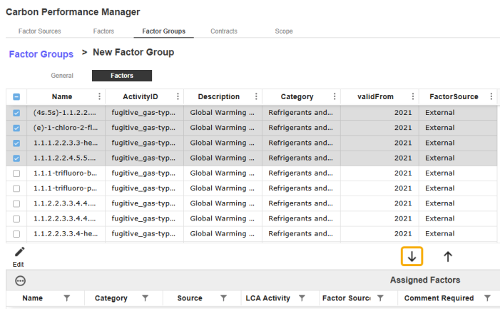 Factors are highlighted in the grid and the Add Factor button down arrow is outlined