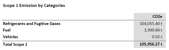 Scope 1 summary table displaying all emission categories and theor total CO2e emissions bolded below the table.