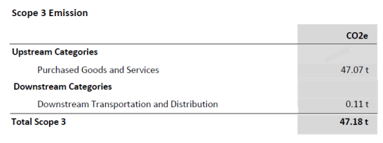 summary table displaying all upstream and downstream categories with their total CO2e emissions. The scope 3 total emission is bold below the table.