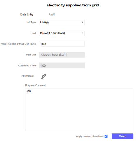 The utilities data entry pane with unit and value fields completed.