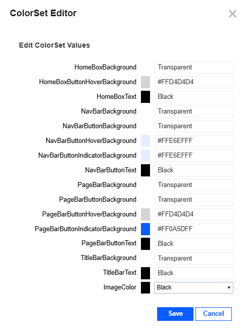 The ColorSet Editor slide-out panel lists each option on the left, then a sample of the color, and then on the right a field to enter the 6-digit hex color code. Save and Cancel buttons are at the bottom. Save has a blue background with white text, and Cancel has a white background with blue text.