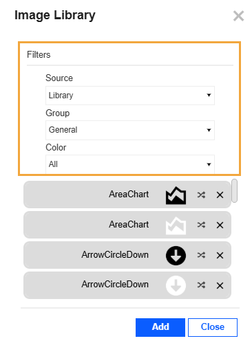 The Image Library slide-out panel has three drop-down menus for Source, Group, and Color. 
