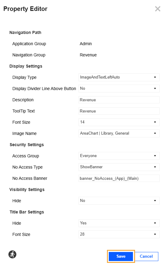 Property Editor slide-out panel displays options to edit display, security, visibility, and title bar settings for the selected item with Save and Cancel buttons.