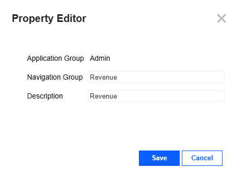 Property Editor slide-out panel displays the Application Group and editable fields for Navigation Group and Description. Application Group is Admin. Navigation Group is Revenue. Description is Revenue.