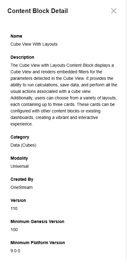Content Block Detail slide-out panel shows information for the Cube View With Layouts Content Block, including the name, description, category, modality, creator, version, and minimum Genesis and platform versions.