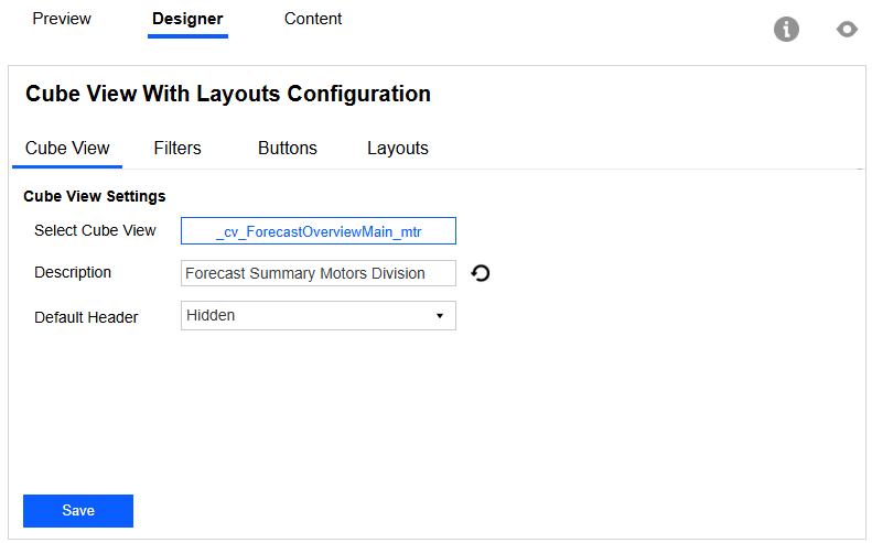 Designer tab features Cube View With Layouts Configuration Content Block configuration options. Cube View tab is selected to display Cube View Settings with a Cube View selected, description, and default header setting.