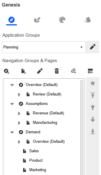 Left panel has the Designer Home toolbar with the Navigation icon selected, the Application Groups drop-down menu, and the Navigation Groups and Pages toolbars and navigation tree.