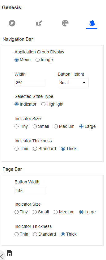 The left panel features the Genesis Designer toolbar, navigation bar settings for Application Group, button, and indicator, and page bar settings for button and indicator.