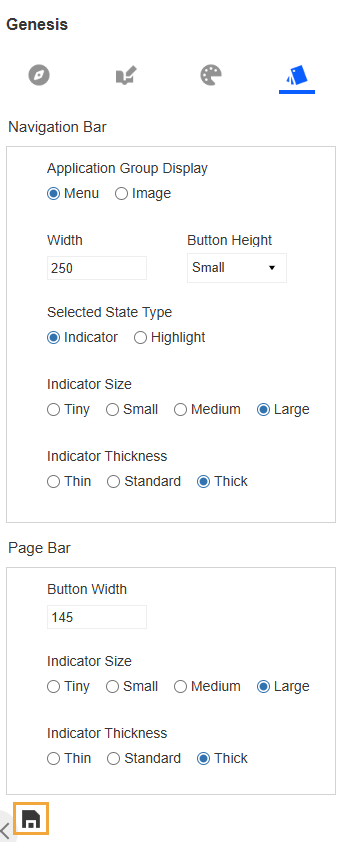 The left panel features the Genesis Designer toolbar, navigation bar settings for Application Group, button, and indicator, and page bar settings for button and indicator. The Save your changes icon is a floppy disk.