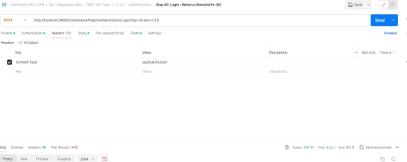 The Header tab is selected, and Content-Type is added as a key with a value of application/json.