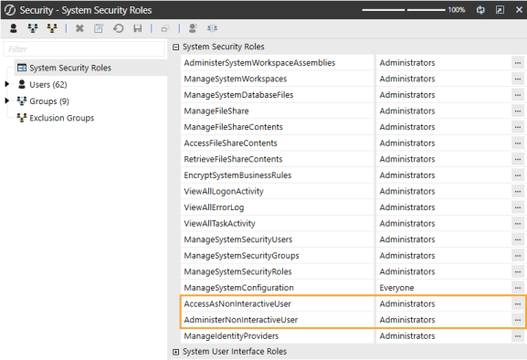 The System Security Roles page has a grid with row headings that have a gray background with black text and can be expanded to display fields with a white background and black text. This example highlights the roles AccessAsNonInteractiveUser and AdministerNonInteractiveUser and an ellipsis next to each role.