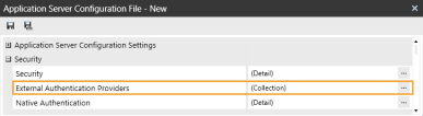 The Application Server Configuration dialog box has a grid with row headings that have a gray background with black text and can be expanded to display fields with a white background and black text. In this example, in the Security section, External Authentication Providers is highlighted.