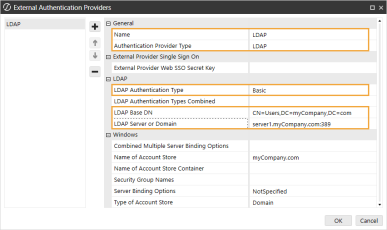 The External Authentication Providers dialog box has a blank field on the left. To the right of the blank field are four icons for plus and minus signs and up and down arrows. To the right of the icons is a grid with row headings that have a gray background with black text and can be expanded to display fields with a white background and black text. In this example, in the General section, Name and Authentication Provider Type are highlighted. In the LDAP Section, LDAP Authentication Type, LDAP Base DN, and LDAP Server or Domain are highlighted.