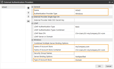 The External Authentication Providers dialog box has a blank field on the left. To the right of the blank field are four icons for plus and minus signs and up and down arrows. To the right of the icons is a grid with row headings that have a gray background with black text and can be expanded to display fields with a white background and black text. In this example, in the General section, Name and Authentication Provider Type are highlighted. In the Windows Section, Name of Account Store, Name of account Store Container, and Type of Account Store are highlighted.