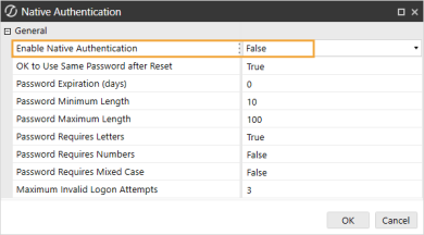 The Native Authentication dialog box has a grid with row headings that have a gray background with black text and can be expanded to display fields with a white background and black text. In this example, in the General section, Enable Native Authentication is set to False.