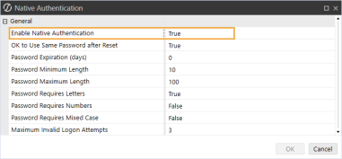 The Native Authentication dialog box has a grid with row headings that have a gray background with black text and can be expanded to display fields with a white background and black text. In this example, in the General section, Enable Native Authentication is set to True.