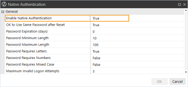 The Native Authentication dialog box has a grid with row headings that have a gray background with black text and can be expanded to display fields with a white background and black text. In this example, in the General section, Enable Native Authentication is set to True.