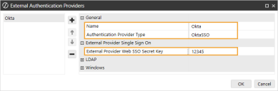 The External Authentication Providers dialog box has a blank field on the left. To the right of the blank field are four icons for plus and minus signs and up and down arrows. To the right of the icons is a grid with row headings that have a gray background with black text and can be expanded to display fields with a white background and black text. In this example, in the General section, Name and Authentication Provider Type are highlighted. In the External Provider Single Sign On Section, External Provider Web SSO Secret Key is highlighted.