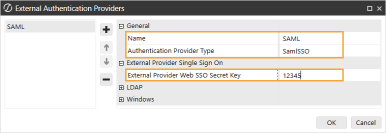 The External Authentication Providers dialog box has a blank field on the left. To the right of the blank field are four icons for plus and minus signs and up and down arrows. To the right of the icons is a grid with row headings that have a gray background with black text and can be expanded to display fields with a white background and black text. In this example, in the General section, Name and Authentication Provider Type are highlighted. In the External Provider Single Sign On Section, External Provider Web SSO Secret Key is highlighted.