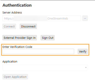 The Logon screen for external identity provider only has a gray Authentication heading at the top. Next is a rectangular field to enter a Server Address. Then, there are four rectangular, gray buttons for Connect, Disconnect, External Provider Sign In, and Sign Out. Next is a rectangular field labeled Enter Verification Code with a rectangular, gray button to the right of it labeled Verify. The field and button are highlighted in this example. Next is an Application drop-down menu that has a rectangular field with a black down arrow. Then, there is a rectangular, gray button for Open Application.