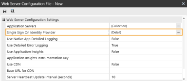 The Web Server Configuration dialog box has a grid with row headings that have a gray background with black text and can be expanded to display fields with a white background and black text. In this example, in the Web Server Configuration Settings section, Single Sign On Identity Provider is highlighted.