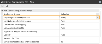 The Web Server Configuration dialog box has a grid with row headings that have a gray background with black text and can be expanded to display fields with a white background and black text. In this example, in the Web Server Configuration Settings section, Single Sign On Identity Provider is highlighted.