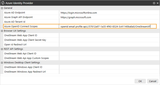 The Azure Identity Provider dialog box has a grid with row headings that have a gray background with black text and can be expanded to display fields with a white background and black text. In this example, in the General section, the Azure OpenID Connect Scopes field is highlighted.