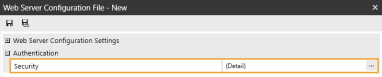 The Web Server Configuration dialog box has a grid with row headings that have a gray background with black text and can be expanded to display fields with a white background and black text. In this example, in the Authentication section, Security is highlighted.