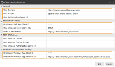 The Okta Identity Provider dialog box has a grid with row headings that have a gray background with black text and can be expanded to display fields with a white background and black text. In this example, in the General section, Okta Domain, Okta Scopes, and Okta Authorization Server ID are highlighted. In the Browser UX Settings section, OneStream Web App Client ID, Okta Web App Client Secret Key, and Open Id Redirect Url are highlighted. In the Windows Desktop Client Settings section, OneStream Windows App Client ID and OneStream Windows App Redirect Url are highlighted.