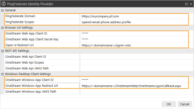 The PingFederate Identity Provider dialog box has a grid with row headings that have a gray background with black text and can be expanded to display fields with a white background and black text. In this example, in the General section, PingFederate Domain and PingFederate Scopes are highlighted. In the Browser UX Settings section, OneStream Web App Client ID, OneStream Web App Client Secret Key, and Open Id Redirect Url are highlighted. In the Windows Desktop Client Settings section, OneStream Windows App Client ID and OneStream Windows App Redirect Url are highlighted.